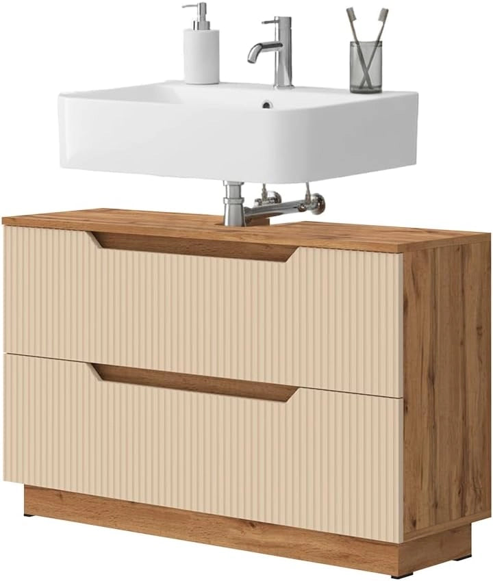 Mobile sottolavabo per bagno Lotta, Rovere/cashmere a righe, 99.4 x 62.5 cm con 2 cassetti