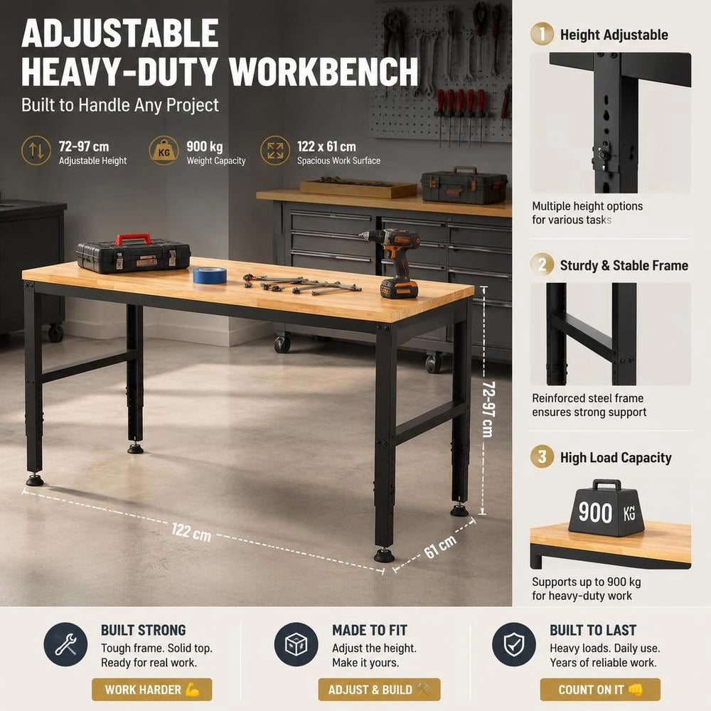 Height-adjustable Workbench 122 X 61 X 72 - 97 Cm Clamping Table, 900 Kg Weight Capacity Work Table, Brown. Folding Tool Bench Made Of Cold-rolled Steel, Multifunctional Work Table For Workshop.