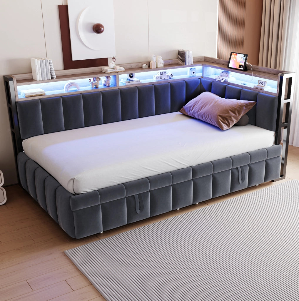 Letto estraibile 90x200 cm con secondo letto; LED regolabile; USB-C e vani; velluto grigio