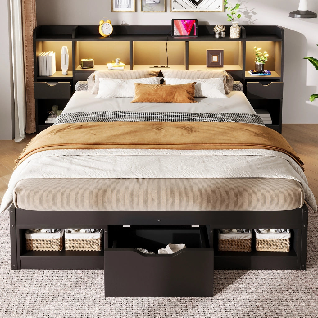 Letto 140x200 cm con vani e cassetti in MDF e compensato nero