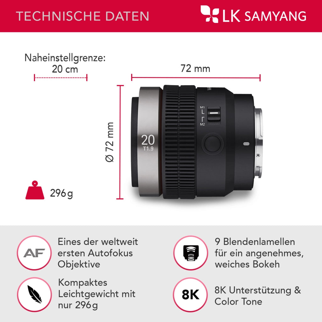 Obiettivo video V-AF 20 mm T1,9 FE compatibile con Sony E, per videocamera, con autofocus risoluzione 8K e lampada Tally, alta intensità luminosa per full-frame e APS-C