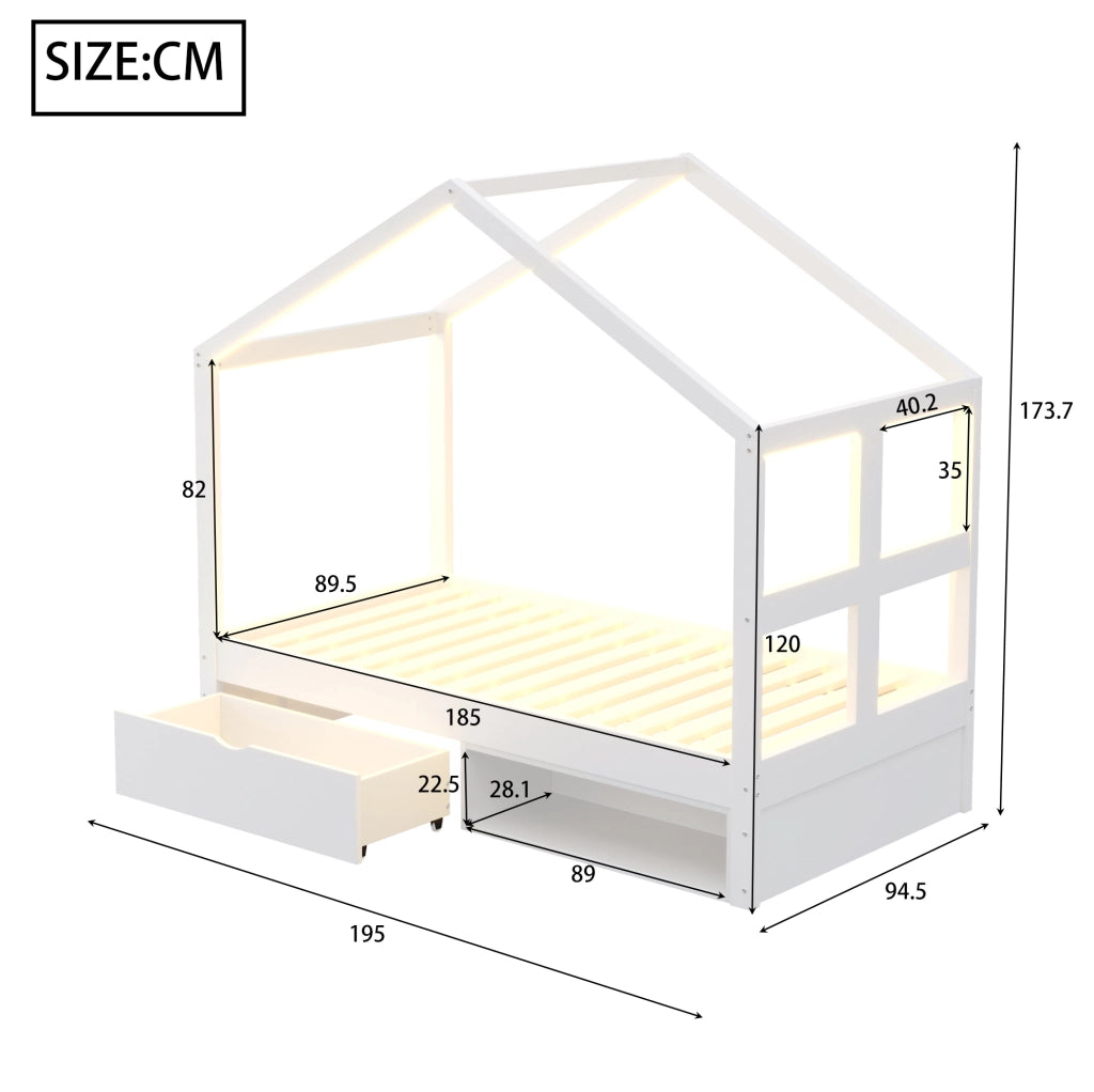 Letto singolo a casetta 90x190 cm con cassetto; scarpiera compatta e LED multicolore; bianco