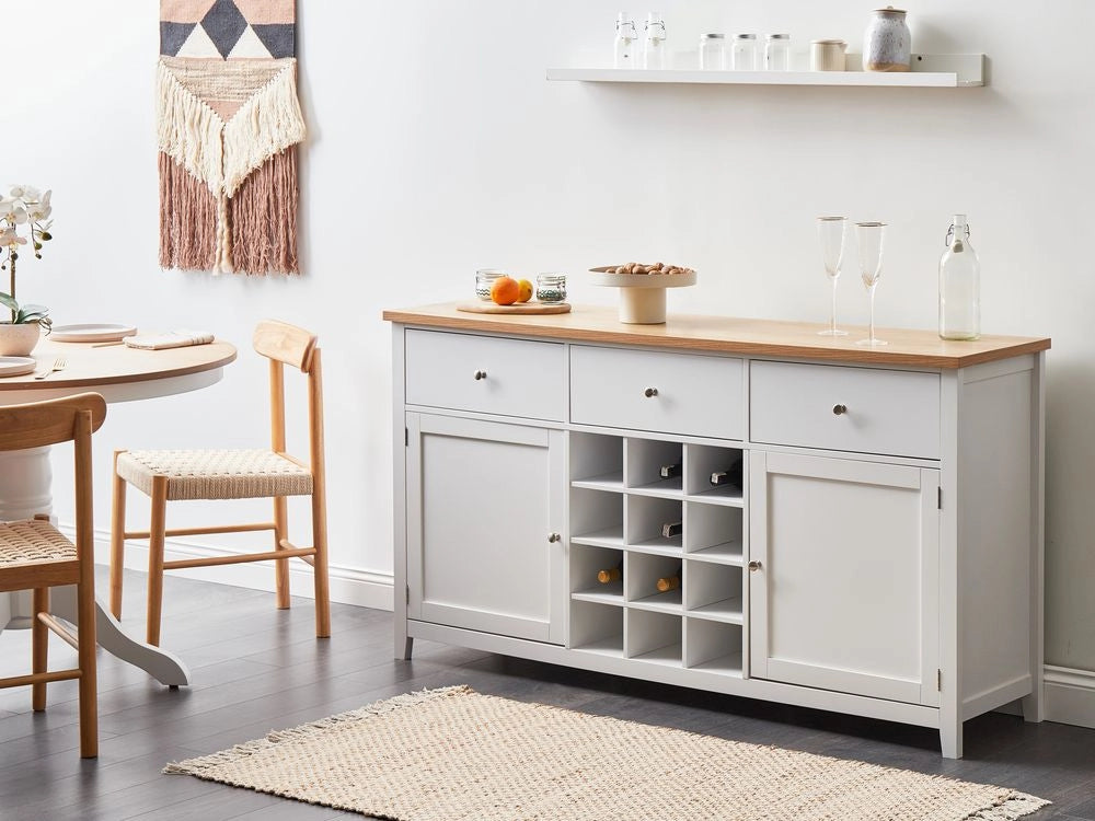 Credenza bianca in MDF a 2 ante, ripiani, cassetto, portabottiglie, credenza in stile moderno, corridoio