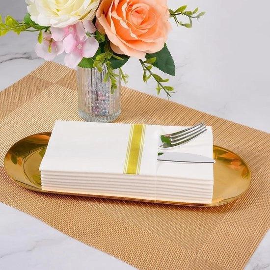 Serviette da tavola con tasca per posate incorporata, set da sposa, lino bianco, sento di lino, piegata a seconda del servizio, confezione da 50 (oro, 100 pezzi)