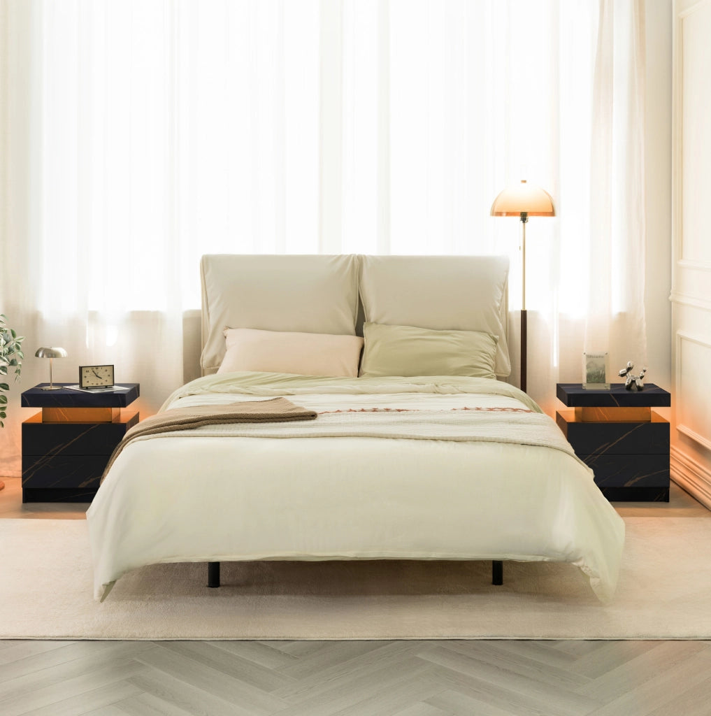 Comodino ULEVR con LED multicolore regolabile, 2 cassetti e vano aperto, nero e oro