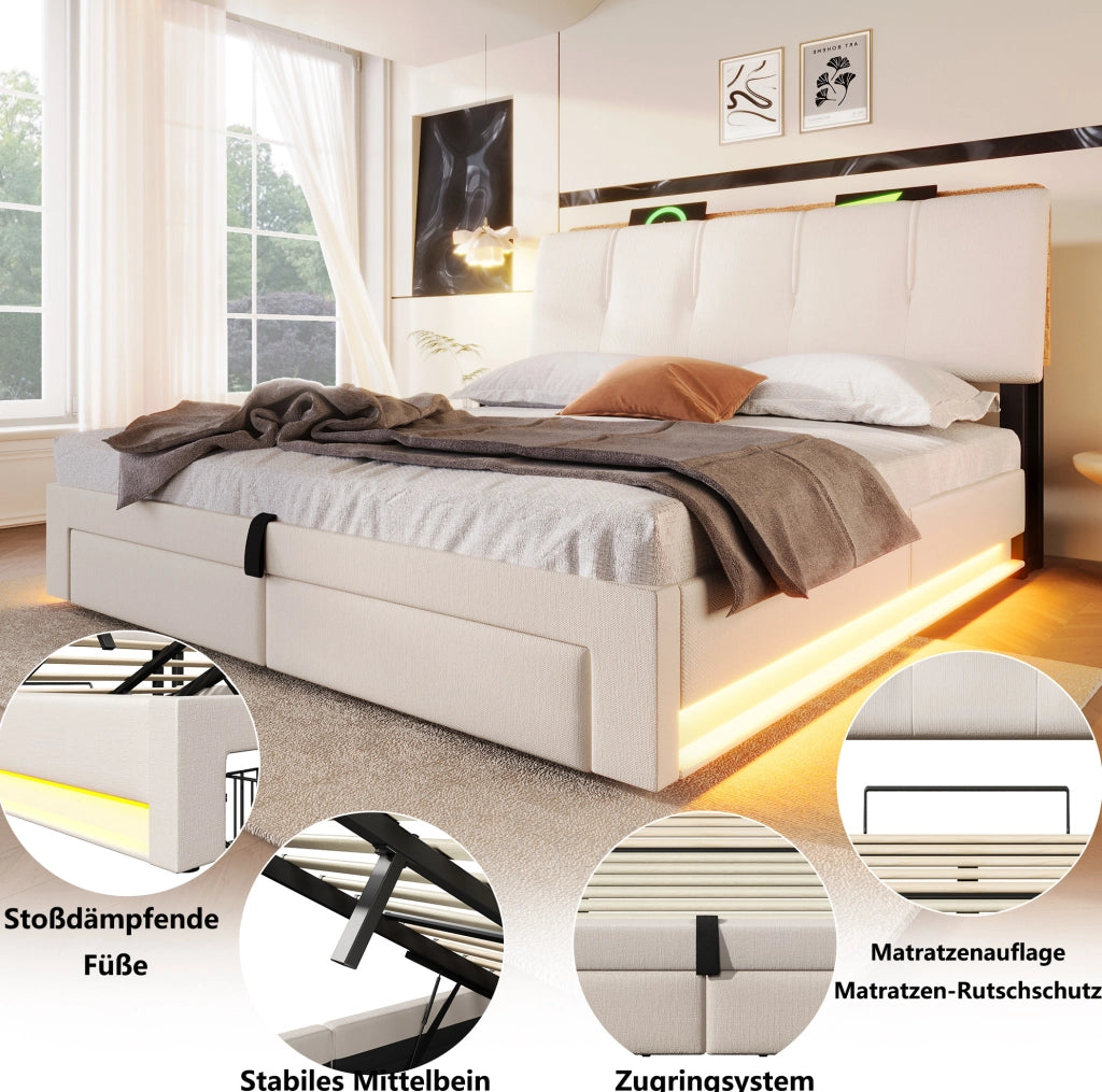 Letto imbottito con contenitore, USB e LED, 140 x 200 cm, beige
