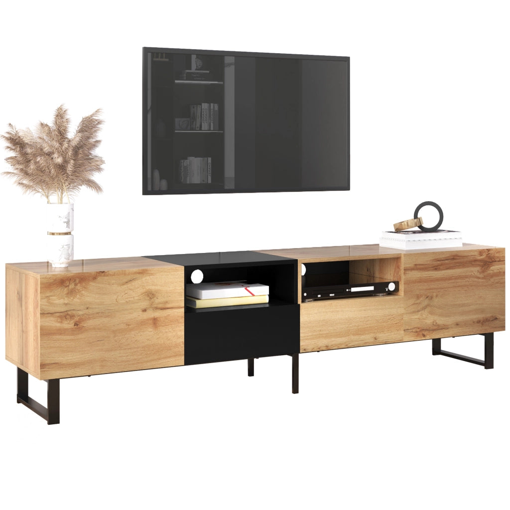 Cassettiera per TV in MDF color legno naturale e nero lunghezza 190 cm
