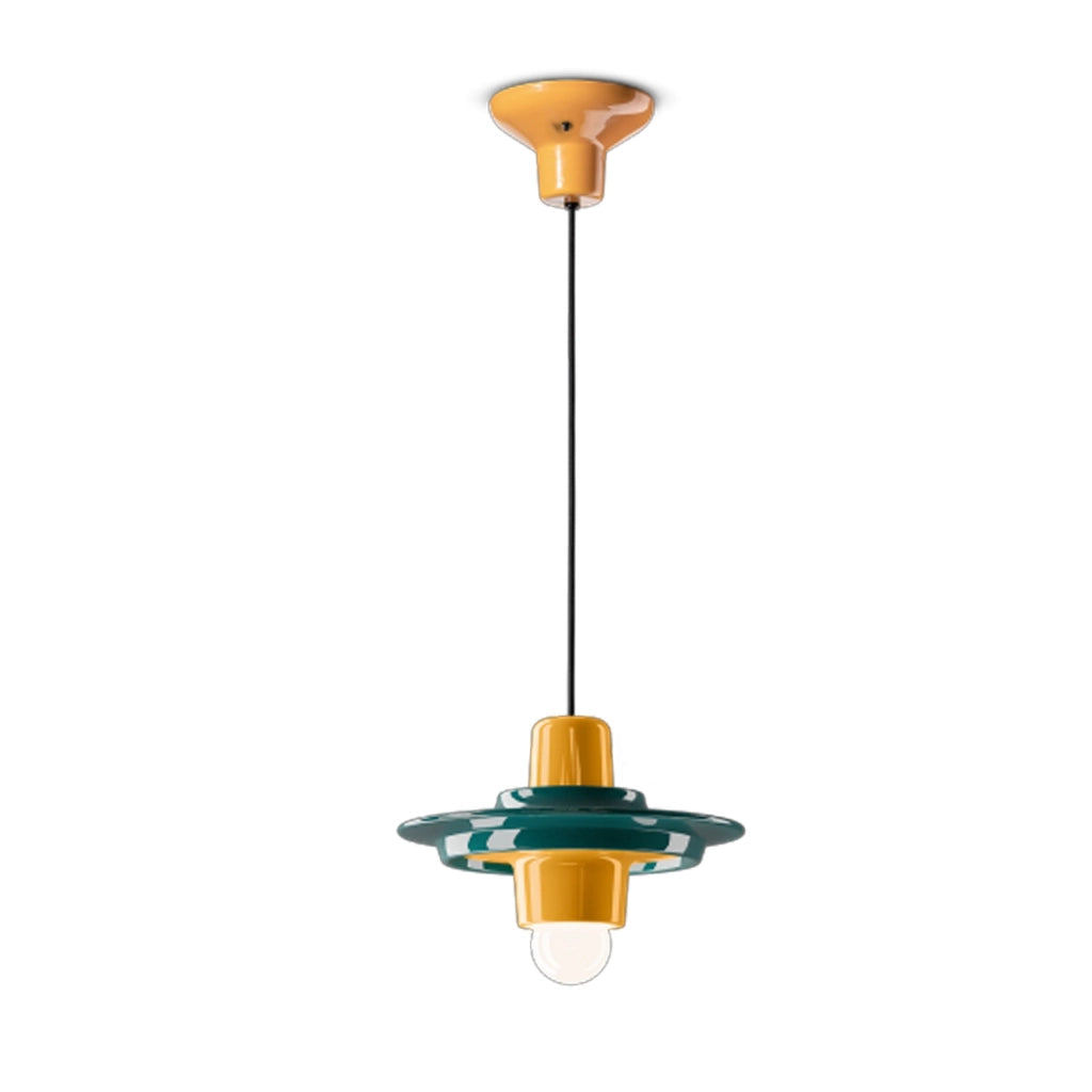 Sospensione Deco Voilà Ceramica Verde Petrolio Giallo 1 Luce E27