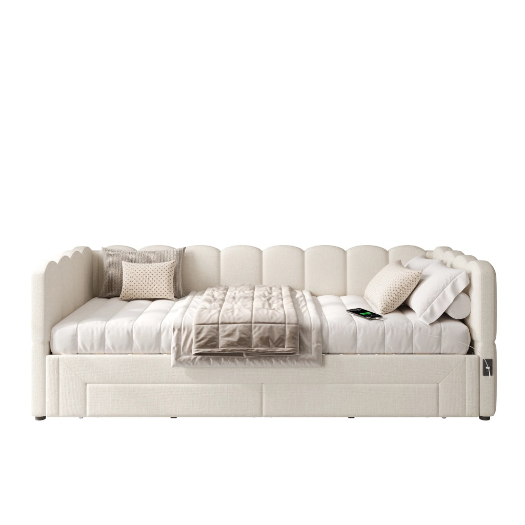 Letto Estraibile 90x200 cm e 180x200 cm con Cassetti; USB e Type-C in Lino Beige