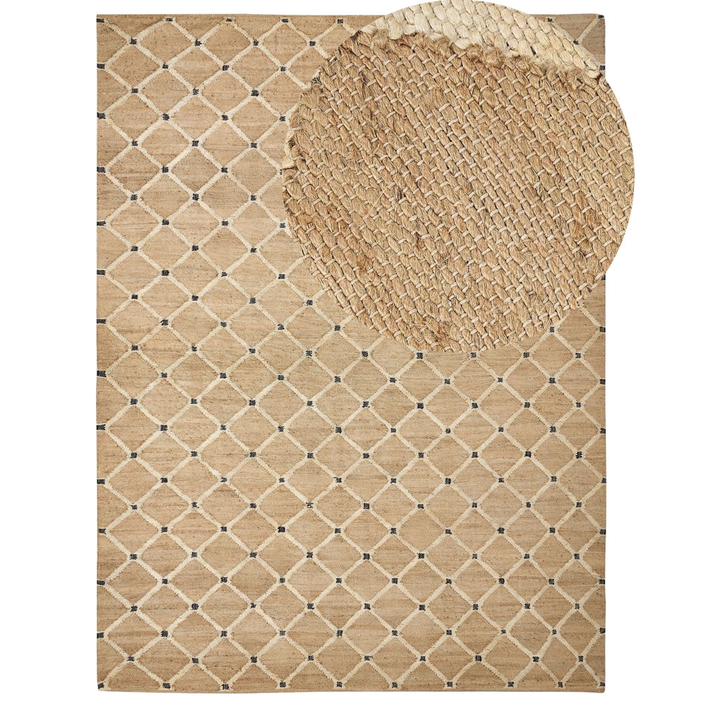 Tappeto di iuta intrecciata naturale in stile bohémien con motivo geometrico 300 x 400 cm Beige camera da letto soggiorno