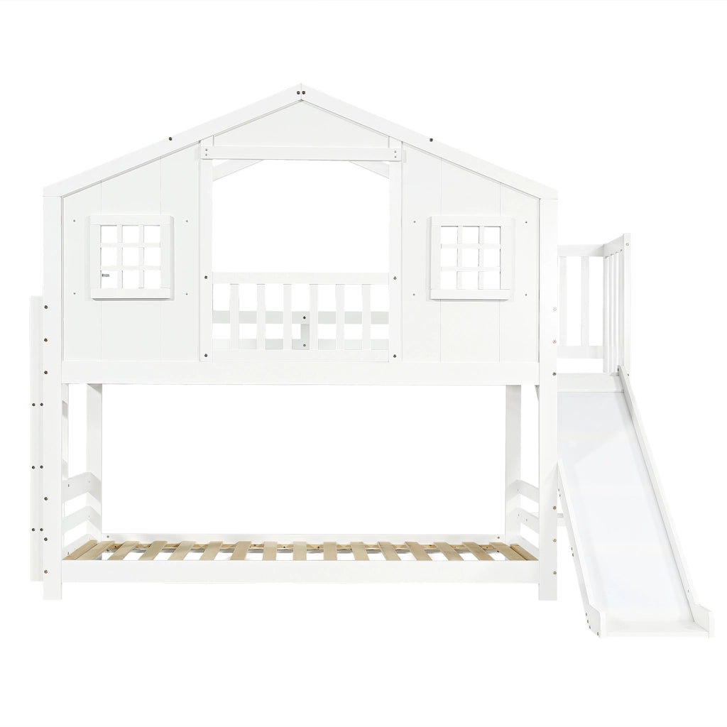 Letto a Castello con Scivolo e Finestre ¨C MINIMAL ¨C Pino/MDF, Bianco, 90x200
