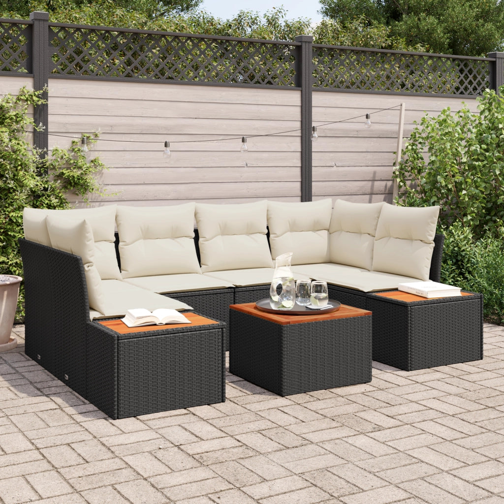 Set Divano da Giardino da 7 Pezzi con Cuscini Nero in Polirattan Acacia