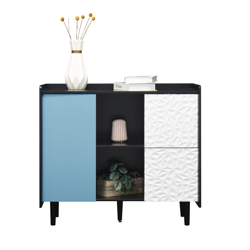 Credenza con 2 Cassetti; 2 Vani Aperti e 2 Ante; Stile Moderno; in MDF; Nero e Blu; 90??40??80 cm