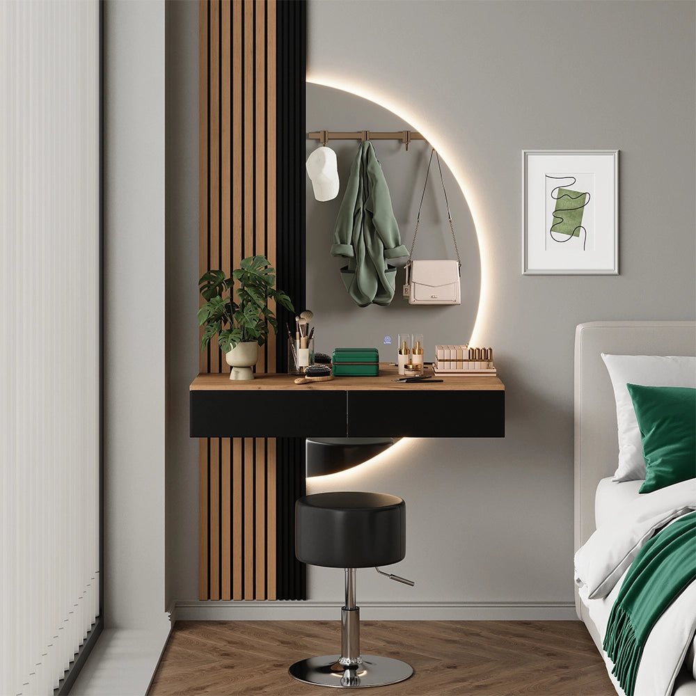 Vicco Tavolo da toeletta Quercia/nero 100 cm con specchio LED e sgabello