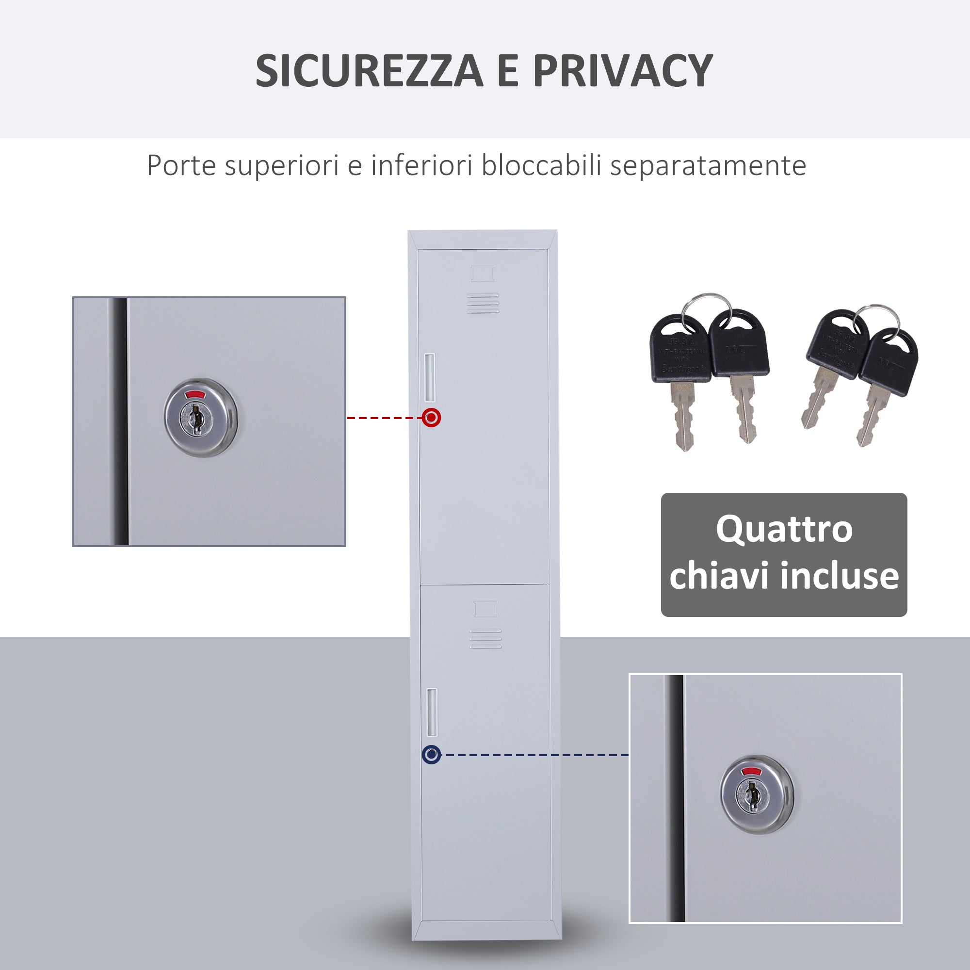 Armadietto Guardaroba in Acciaio 4 Ripiani 2 Porte con Chiusura di Sicurezza Grigio 38x46x180 cm