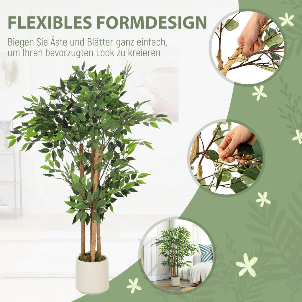 Albero di Banyan Artificiale ¨C Xylo ¨C Pianta Decorativa con Tronco in Legno Massello e Vaso 55x55x120cm Verde