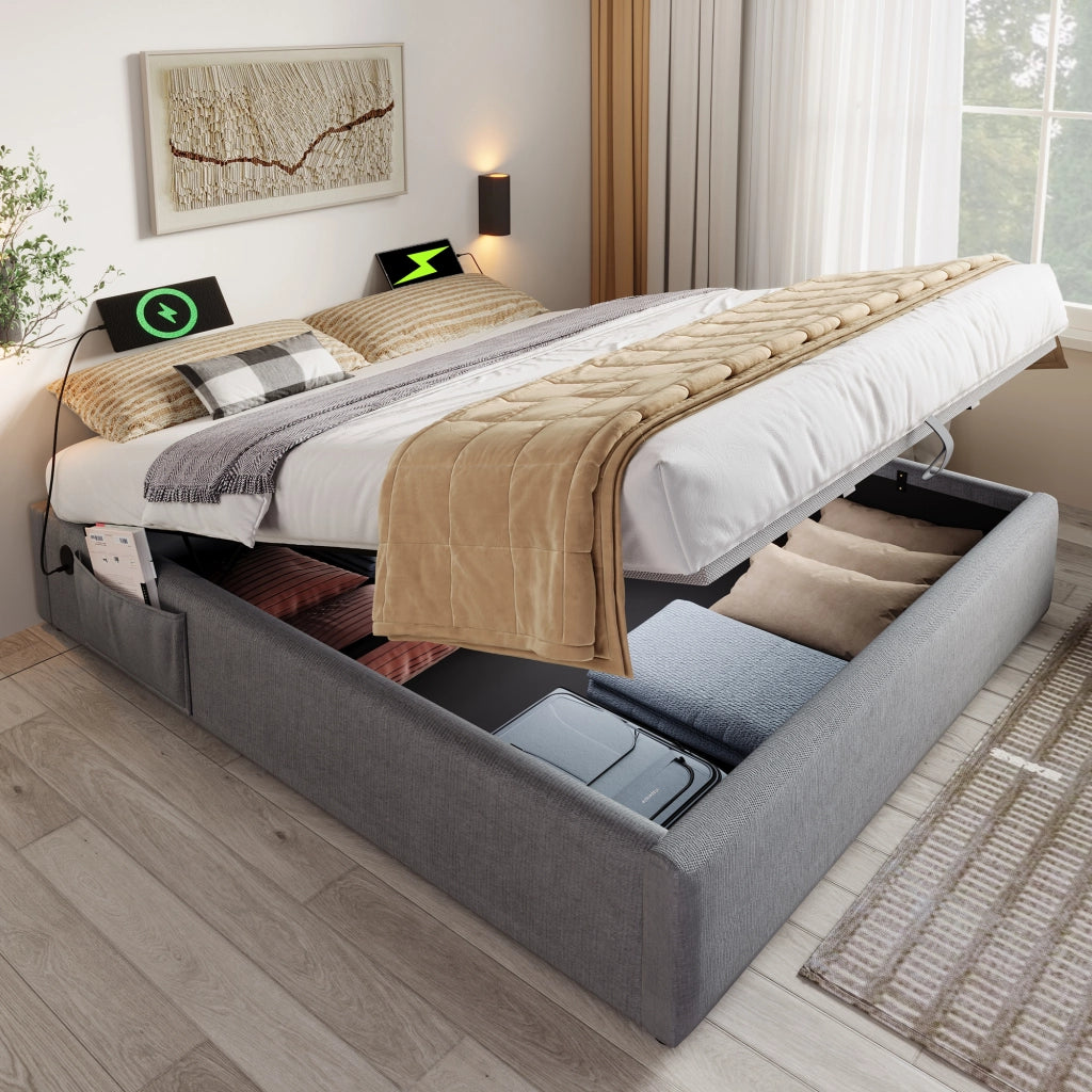 Letti contenitori 140x200 cm; sollevamento idraulico e USB; lino; grigio (Senza materasso)