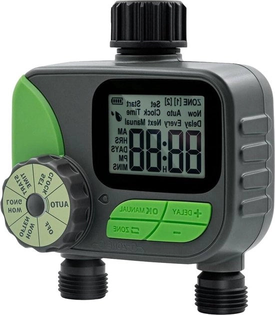 Timer per irrigazione con 2 canali - 3 modalità - timer automatico per irrigazione della tubazione - giardino prato - manuale - supporto automatico - ritardo pioggia - avviso bassa batteria - verde