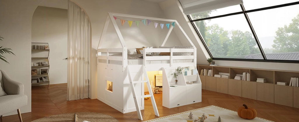 DESMIU Letto a soppalco per bambini 140 × 200 cm con scala, LED, box apribili e tasche, senza materasso, legno bianco