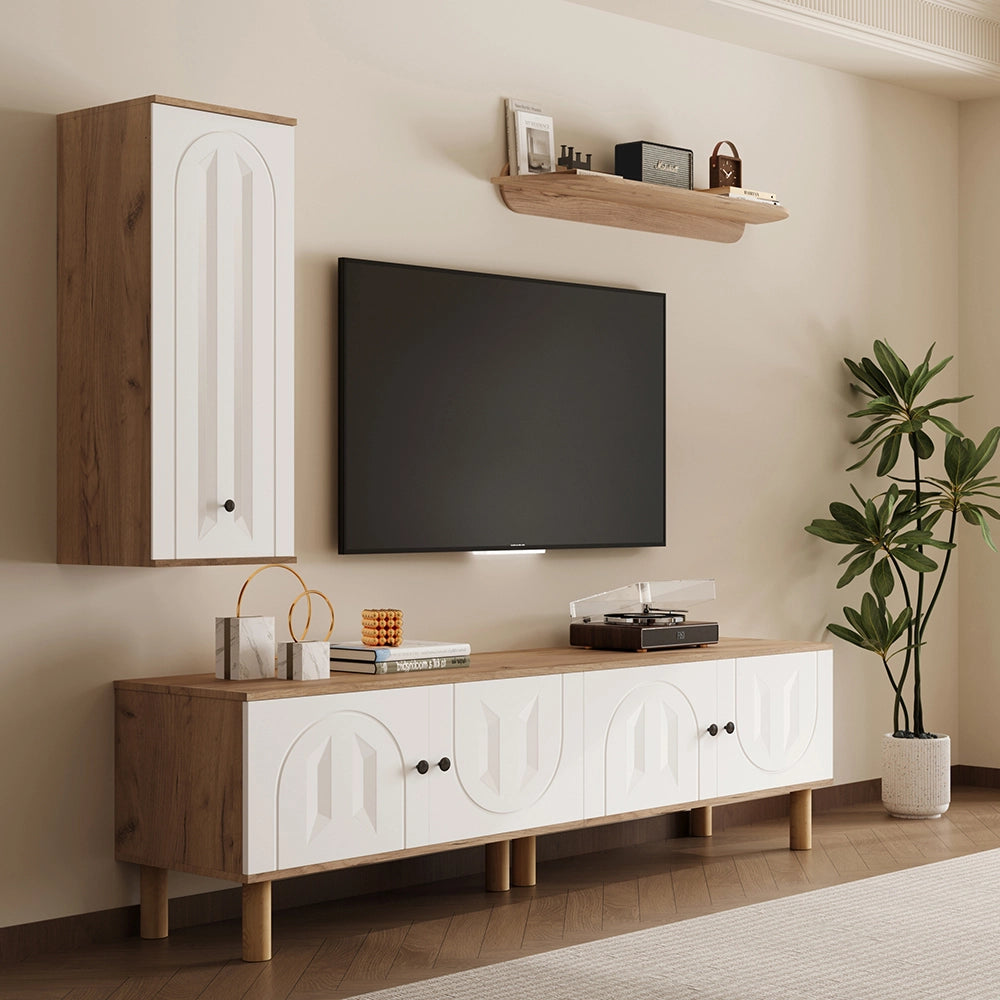 Set murale 3 pezzi - Xylo - Mobile alto+armadio+scaffale bianco/legno