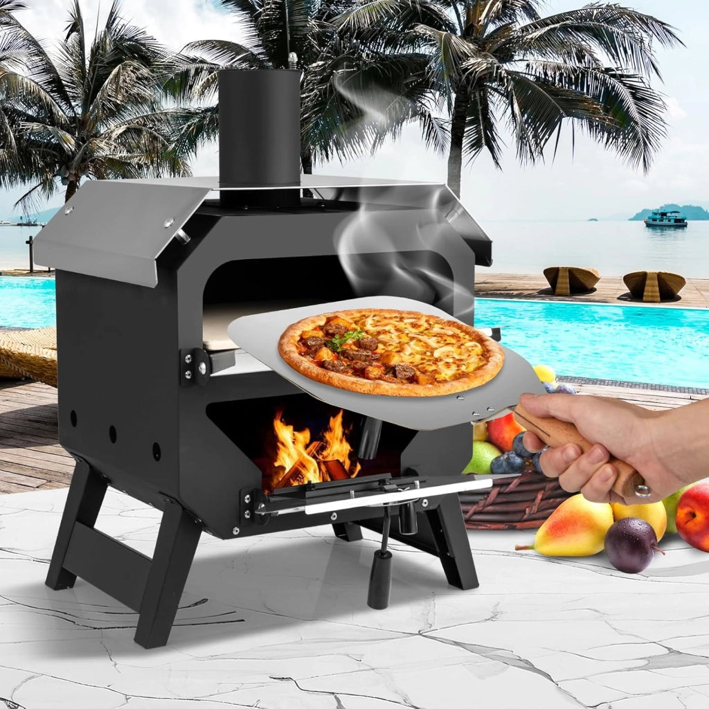 Pizza aperta all'aperto, forno per pizza portatile con pietra per pizza, pala per pizza e copertura in tessuto Oxford, forno a legna in acciaio inox con manici, forno per pizza per giardino