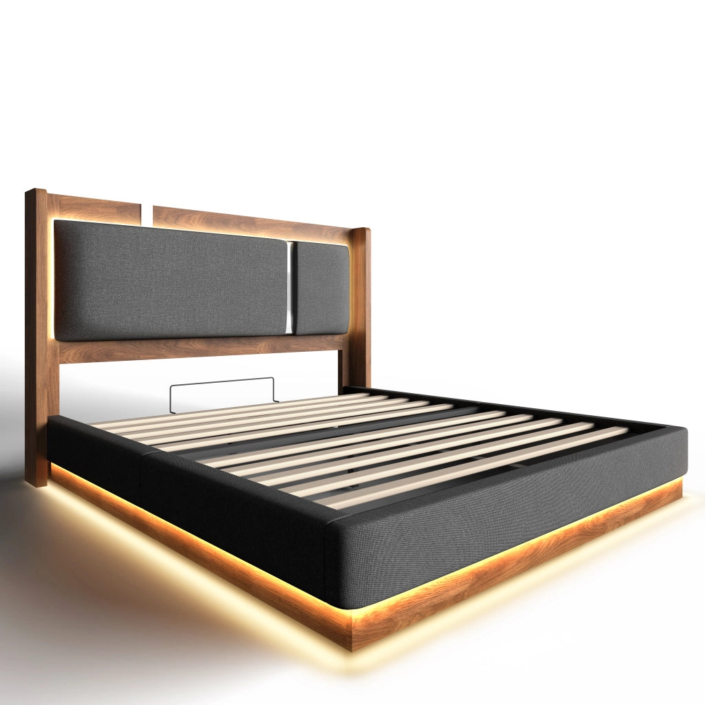 Letto matrimoniale 140x200 in stile retrò con rete a doghe, LED, contenitore idraulico e struttura in lino grigio e noce