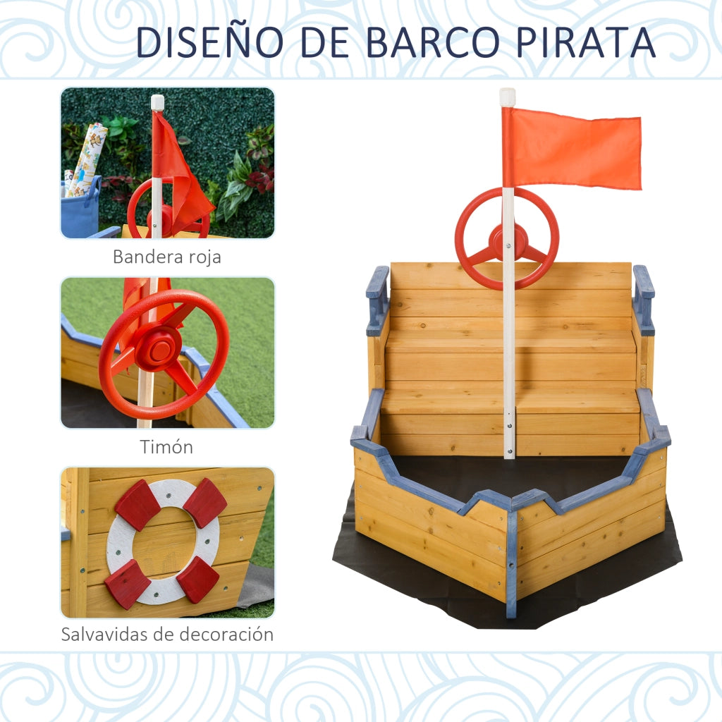 Sabbiera Galeone Legno Bambini con Gradini Panca Bandiera Timone Giardino Gioco Esterno ¨C Xylo ¨C 158x78x45,5 cm Naturale