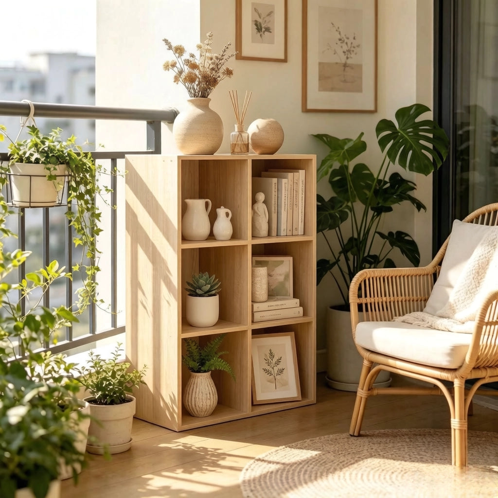 Libreria a cubi aperta in legno E1, 6 scomparti, colore rovere