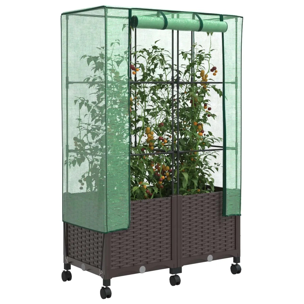 Vaso da Giardino con Copertura per Serra e Ruote 2 pz Marrone 3422979