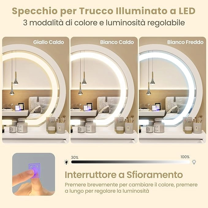 Toeletta da Trucco con Luci, Consolle Toeletta da Parete, con Specchio Moderno e 2 Cassetti Rimovibili, per Camera da Letto o Bagno, Bianco, 50 x 26 x 59,5 cm