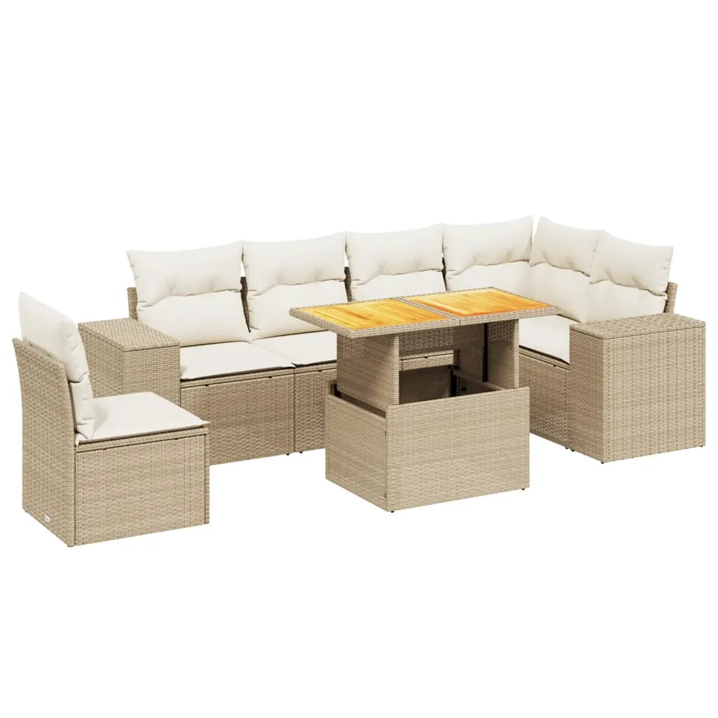 Set Divani da Giardino 7 pz con Cuscini Beige in Polyrattan