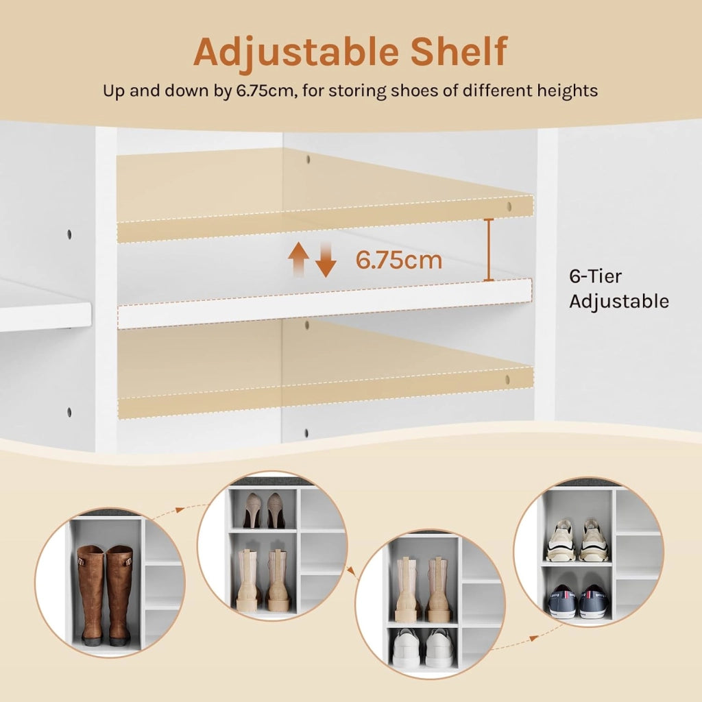 WOLTU Panca Scarpiera da Ingresso, Scaffale Porta Scarpe a 9 Scomparti con Seduta Imbottita, Mobile da Ingresso Salvaspazio in Legno, Bianco, 76,8x30x48,5 cm