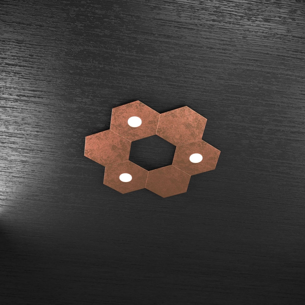 HEXAGON APPLIQUE-PLAFONIERA 3 LUCI + 3 DECORATIVO FOGLIA RAME 1142-3L3D-FR