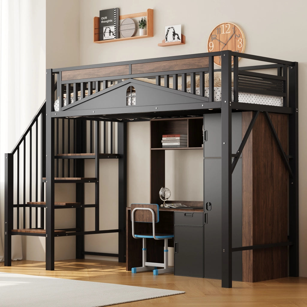 Letto a soppalco in metallo 90x200 cm con scala laterale e spazio contenitivo; nero