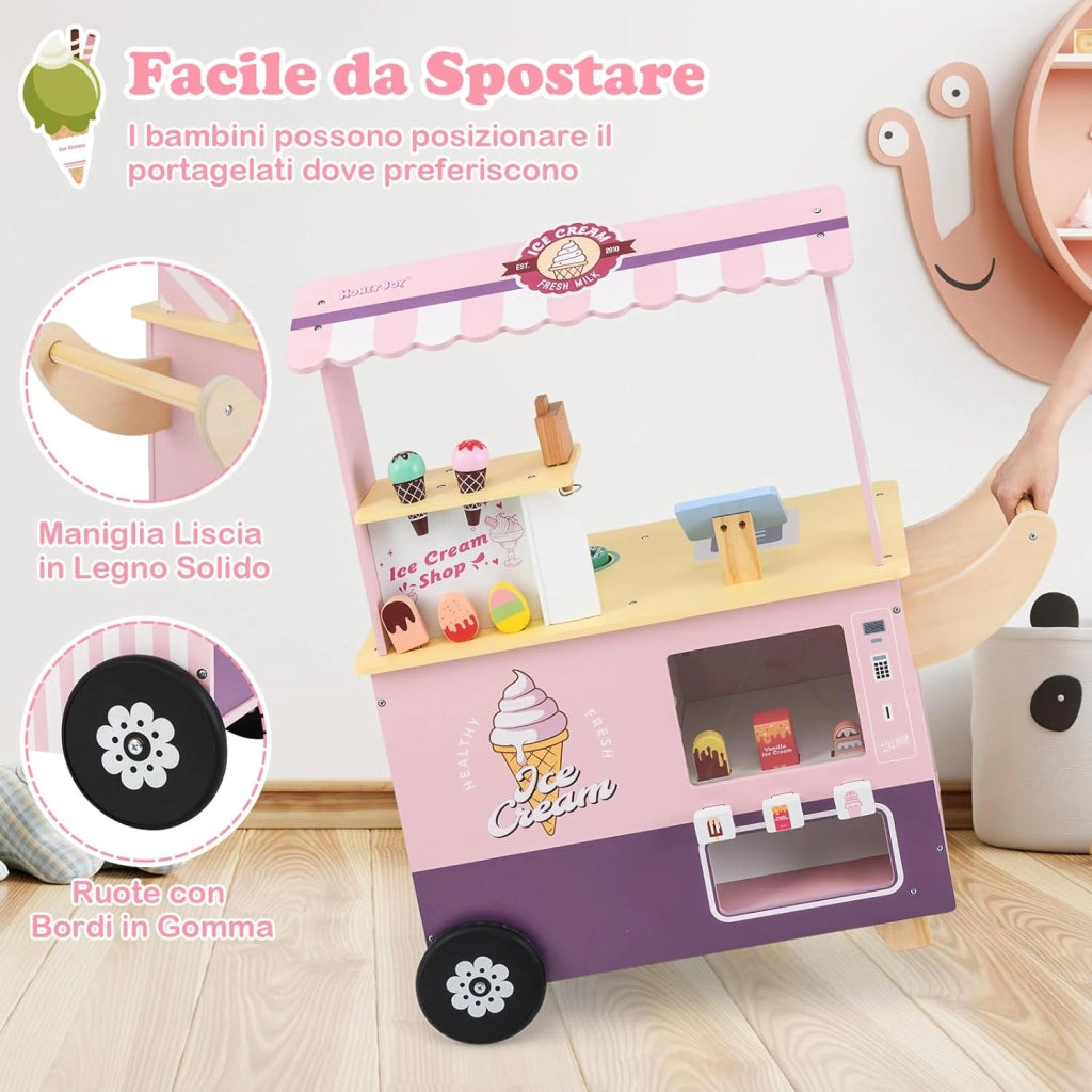 Gelateria Giocattolo per Bambini con Gelatiera, Carrelo dei Gelati in Legno con Ruote e Maniglia, Negozio di Gelati Giocattolo con Cassa e 15 Accessori, per Bambini di 3 + Anni (Rosa)