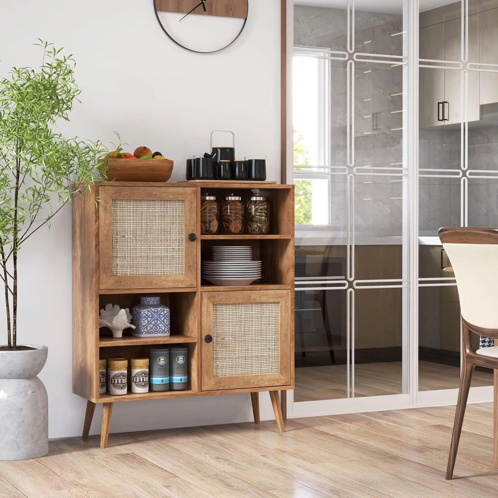 Credenza Cucina con Ante in Rattan, Armadietto a Buffet in Legno, Mobile Buffet Dispensa Elegante e Classico con Ripiano Aperto, per Sala da Pranzo, Soggiorno, 80 x 29,5 x 97 cm, Naturale