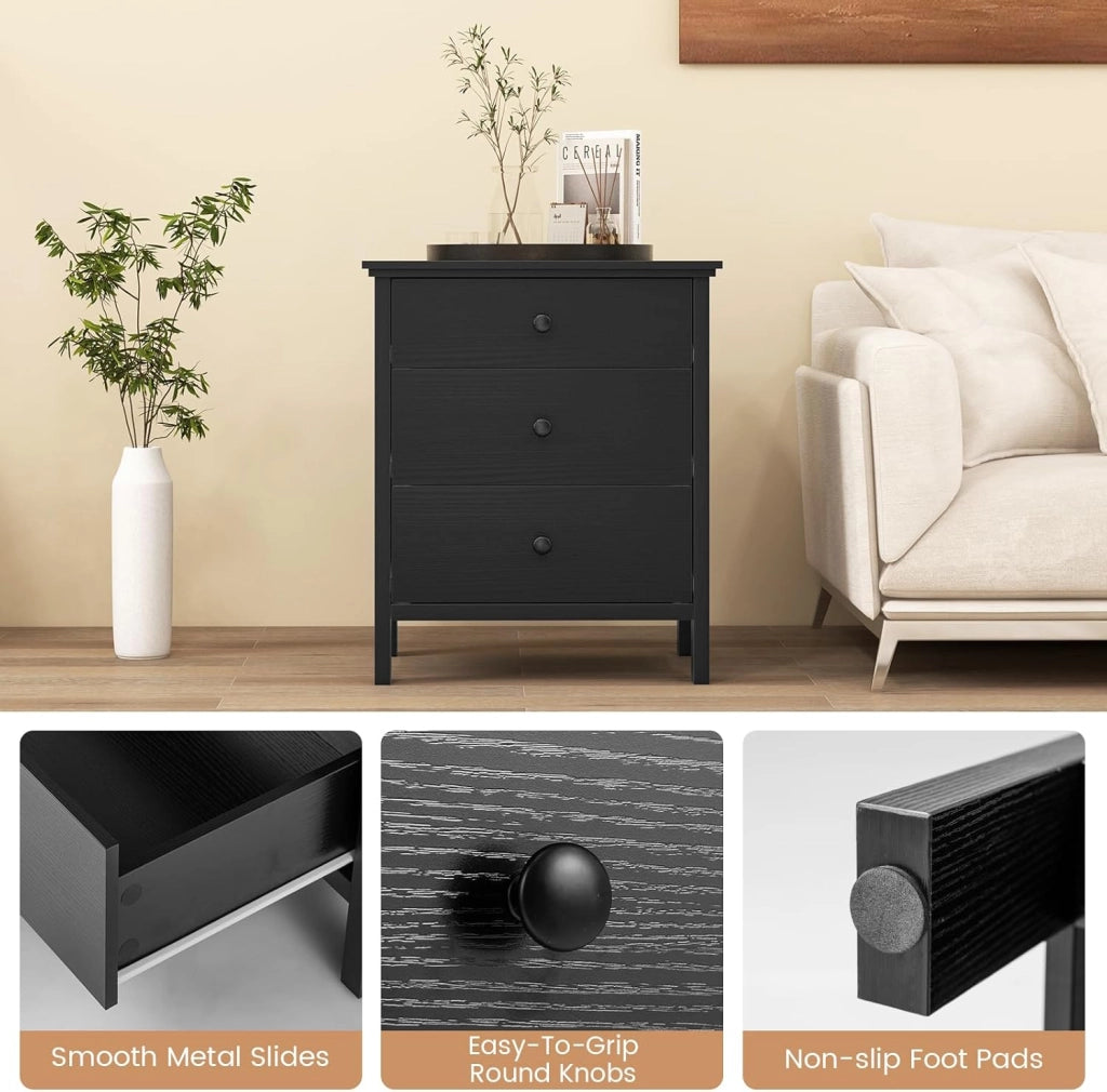 Comodino nero, credenza piccola con 3 cassetti, cassettiera indipendente, cassettiera moderna in legno, 56 x 45 x 66 cm