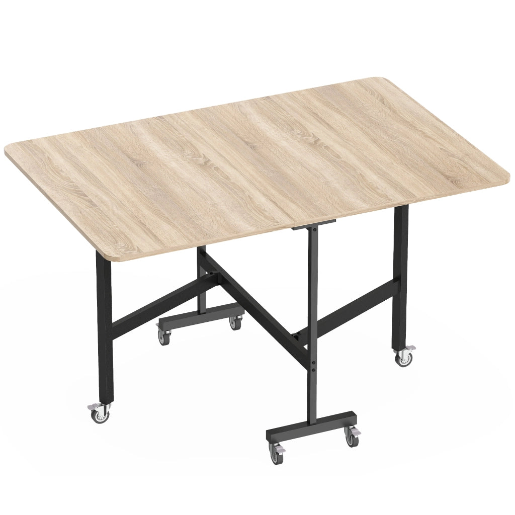 Tavolo Pieghevole per 4-6 Persone 120x80x73 cm con 2 Ribalte e Ruote con Freno Struttura in Acciaio Rovere