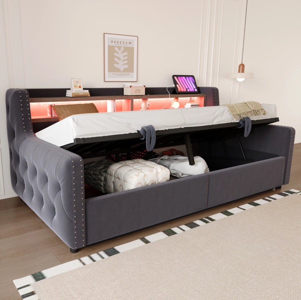 Divano letto imbottito 90x200 cm con contenitore e LED grigio