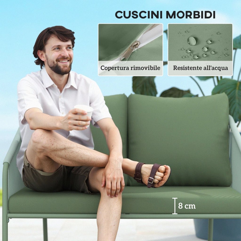 Divano da Giardino 2 Posti Stile Boho con Cuscini Sfoderabili in Rattan PE Verde