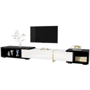 Mobile TV Allungabile Girevole 140–260 cm con Contenimento; Effetto Marmo Nero; Frontale Bianco Lucido; Dettagli Oro; MDF; 140×40×30 cm