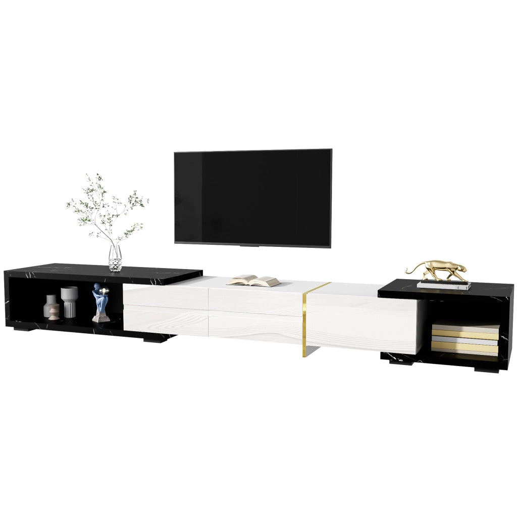 Mobile TV Allungabile Girevole 140–260 cm con Contenimento; Effetto Marmo Nero; Frontale Bianco Lucido; Dettagli Oro; MDF; 140×40×30 cm