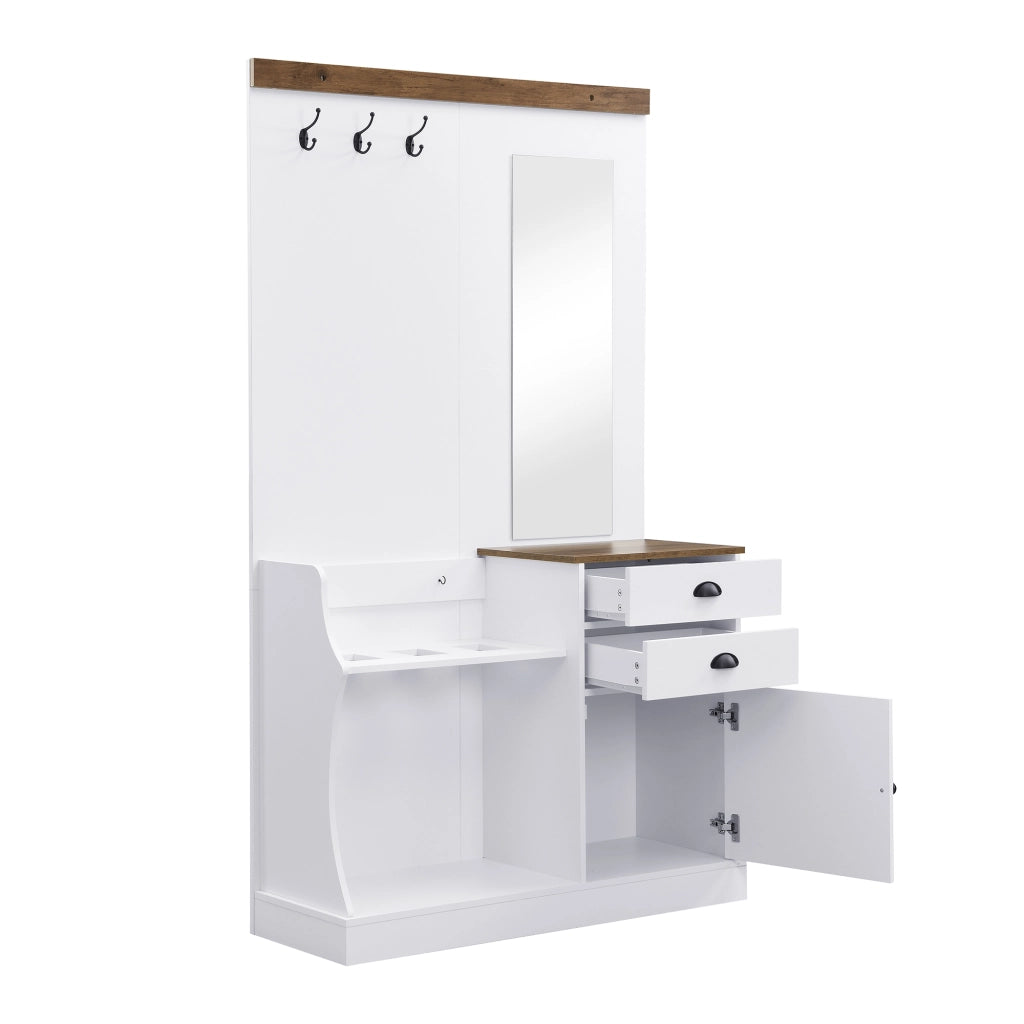 Mobile Ingresso con Specchio; 1 Anta; 2 Cassetti; Portaombrelli e Appendini; Stile Moderno; in Pannello di Particelle; Bianco; 110;5??38??191 cm