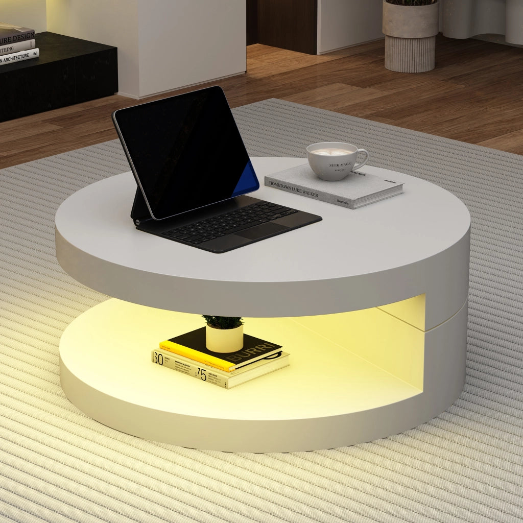 TAVOLINO DA CAFFÈ Rotondo Girevole 70x70x35,5 cm MDF Bianco con LED