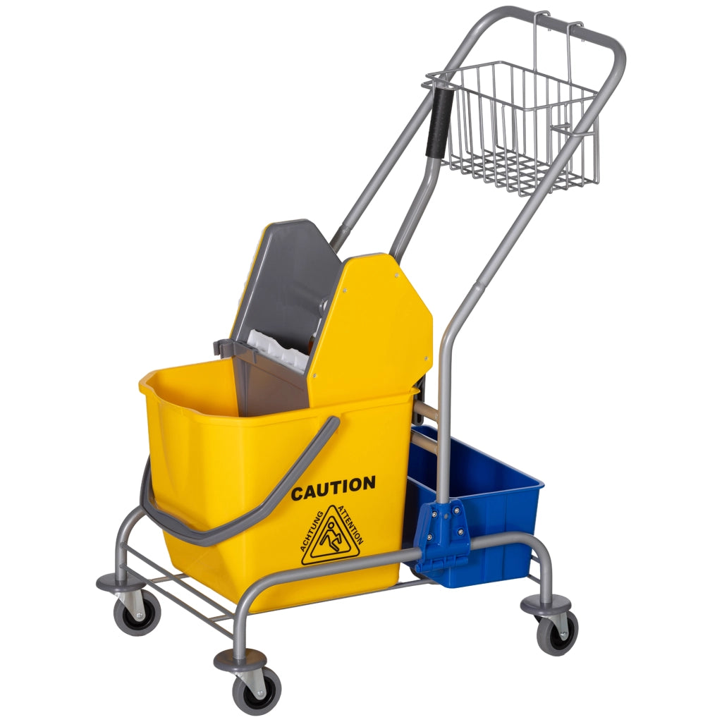 Carrello Pulizia con 2 Secchi 25L Scopa e Scaffali ¨C zephmum ¨C Giallo 72x49,5x95 cm
