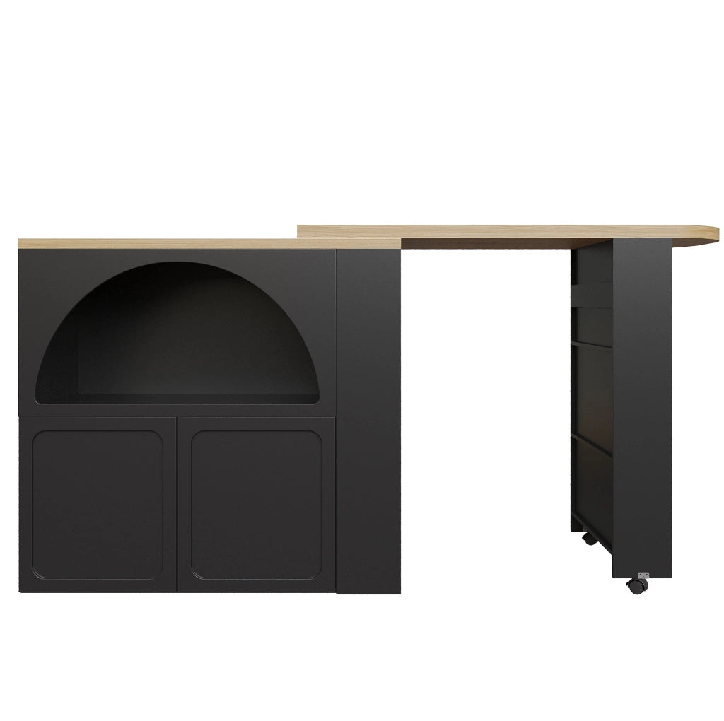 Bancone bar 135-205x39x100 cm con LED; ruote e vano contenitore in MDF nero