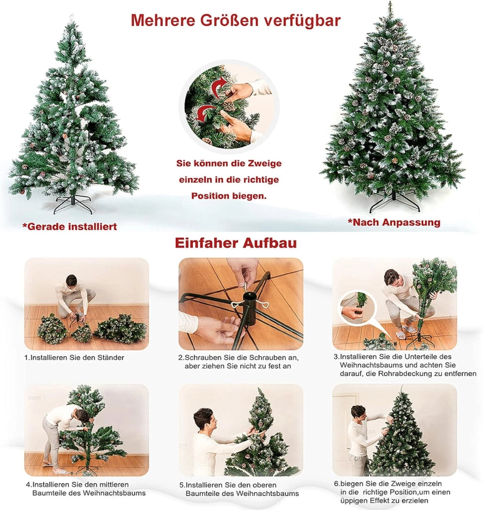 Albero di Natale artificiale con illuminazione, 210 cm, in PVC, albero di Natale artificiale, con 350 LED e supporto, decorazione natalizia con neve e pigne