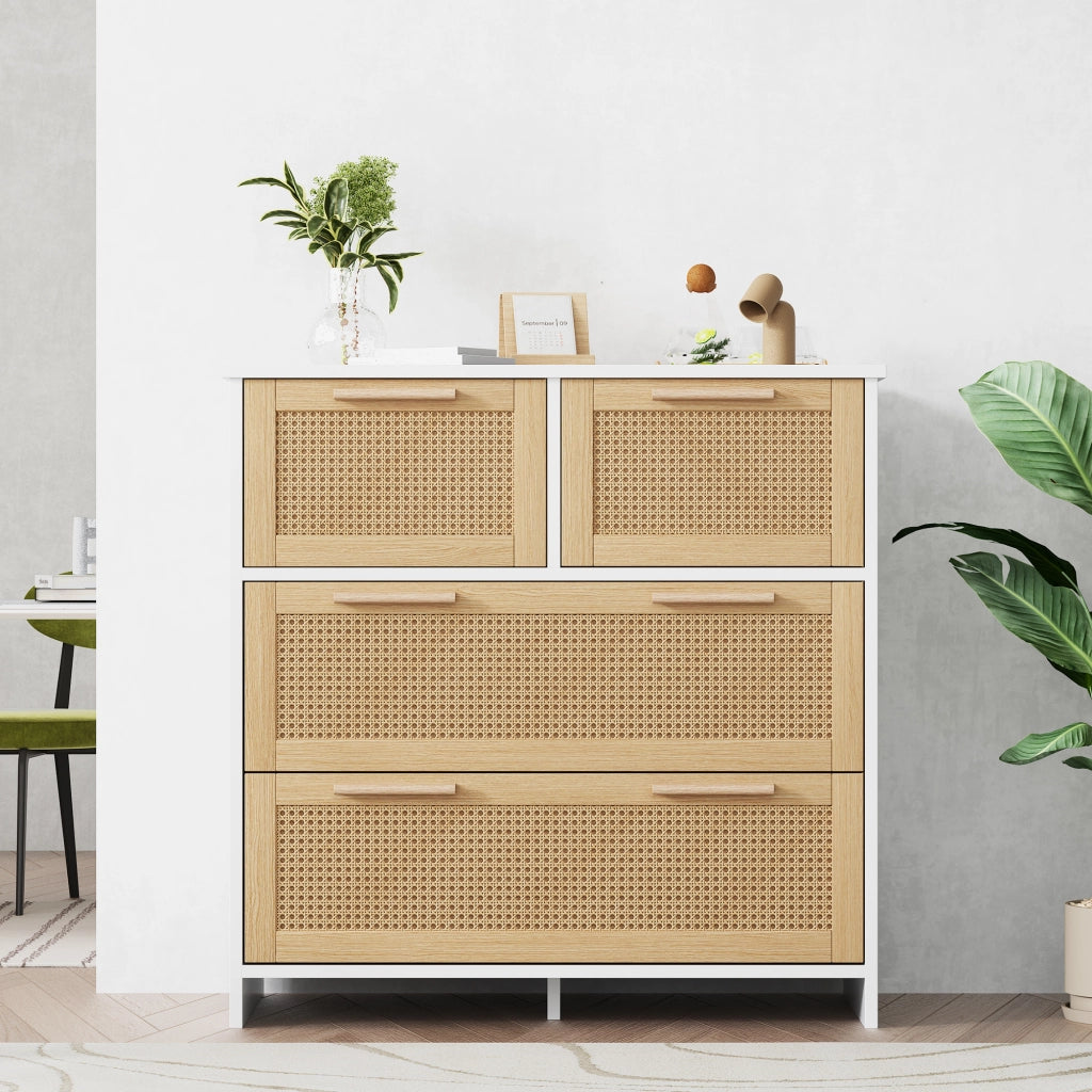Cassettiera in Rattan con 4 Cassetti e Maniglie in Legno Massello ¨C MINIMAL ¨C 80x38x80 cm