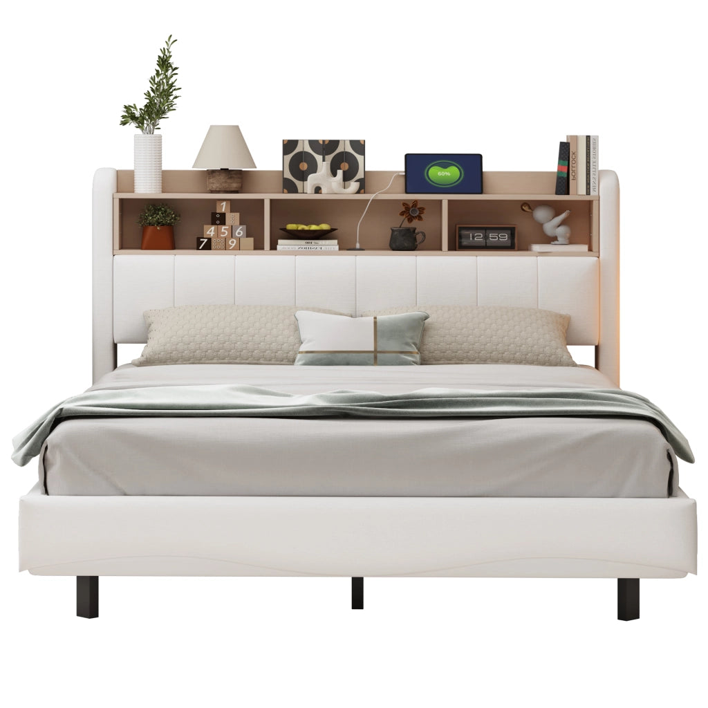 Letto imbottito sospeso 160x200 cm beige con LED, porte USB e Type-C, testiera con vano contenitore, struttura in metallo