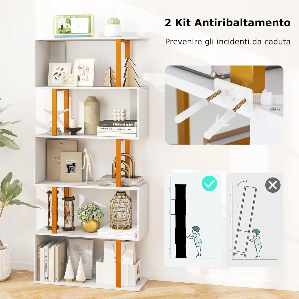 Libreria a 5 Livelli in Legno, Scaffale con Struttura in Metallo, Forma di S, Librerie Salvaspazio Divisorio per Soggiorno Ufficio e Studio, Carico 120kg (70 x 24 x 157 cm)